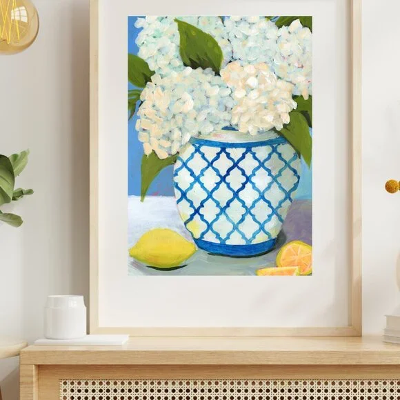 Farmhouse Style Hydrangea Painting White & Blue Vase Floral Decor Fashion Art - Picture 8 of 9